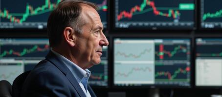 Mans profile view with stock market chart detailing photo