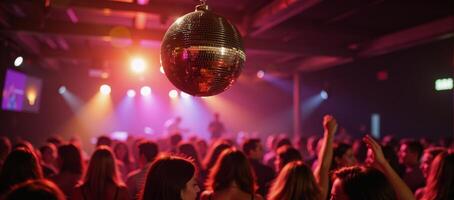 Retrostyle image featuring a shiny gold disco ball reflecting vibrantly at an energetic lively party photo