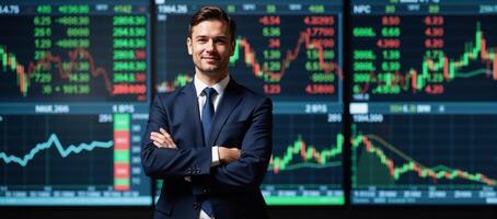 A businessman standing before a stock ticker photo