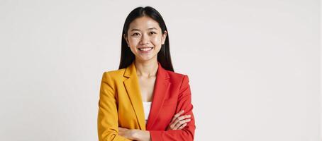Young successful businesswoman smiles happily while crossing arms and gazes into the camera set against a clean minimalist white backdrop photo