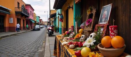 La Santisima Muerte altar within a bustling Mexican city street photo