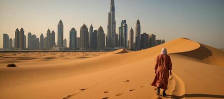 A birdseye perspective showcases a lone figure traversing sandy dunes towards the iconic Dubai skyline backdrop in the United Arab Emirates photo