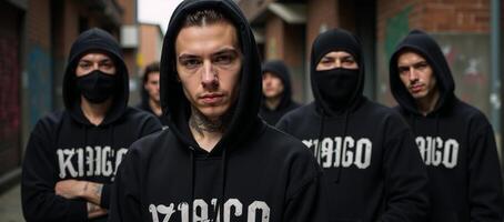 Gangsters with hoodies tattoos and masks embody a menacing mafiainspired lifestyle in a gritty cityscape scene photo