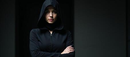 A mysterious woman cloaked as a rogue assassin veiled in silence photo