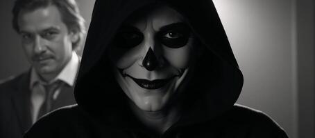 A Halloweeninspired image features a darkened setting with a hooded dangerous criminal lurking menacingly photo