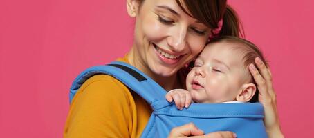 A smiling mother tenderly holds her sleeping baby in a blue carrier on a pink backdrop photo