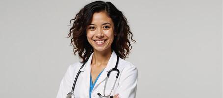 A confident smile from a curlyhaired young female doctor wearing a white coat and stethoscope conveys a sense of both professionalism and friendliness photo