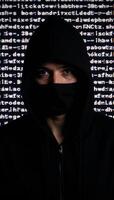 Hacker in hood against glitchy computer code backdrop Glitch Art Style photo