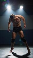 A wrestling setting backdrop showcasing dynamic light beams within a gym photo