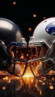 Dramatic showdown between two football helmets surrounded by sparks and flames photo