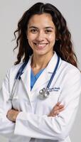 A selfassured yet friendly young doctor dons a white lab coat and stethoscope signifying professionalism and warmth photo
