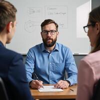 Bearded man discusses with others while seated at a desk with whiteboard and wearing glasses photo
