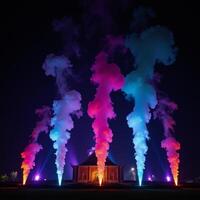 Stunning nighttime light show featuring vibrant colored smoke against a backdrop of darkness photo