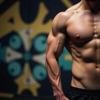 A gymthemed image featuring an abstract backdrop and a display of muscle strength through a muscular arm lifting weights photo