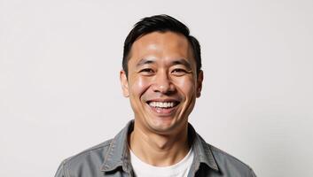 A Hawaiian man laughs uncontrollably at the camera against a simple white backdrop the background features an advertisement banner photo