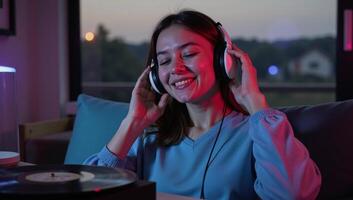 Girl enjoys relaxing with lofi visuals during evening music sessions photo