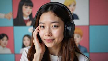 Mangastyle cartoon illustration featuring a beautiful girl enjoying lofi hip hop music on her headphones in a vibrant videobackground setting perfect for use as wallpaper or desktop backdrop 169 photo