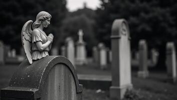 Gravestone with angel statue embodies grief remembrance wings signify prayer hope photo