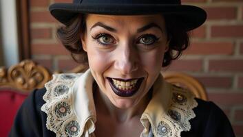 Closeup portrait of a 1930s circus performer featuring distress makeup exaggerated expression photo