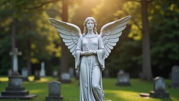 An angel statue standing on a sunlit cemetery photo