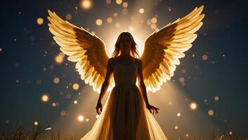 A goldenwinged angel appears amidst twinkling stars in a scene of radiant light photo