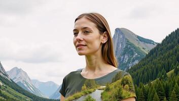 Woman in a doubleexposure portrait set against a verdant forest mountain landscape designed using environmental elements photo