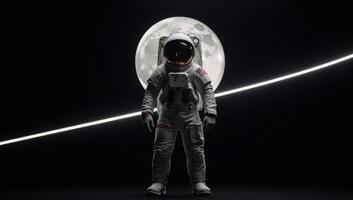 Astronaut figure framed by blackness with a crescent moons glow illuminating the scene photo