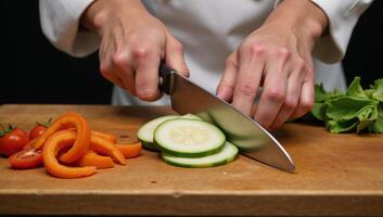 Chef skillfully prepares fresh veggies with precision photo