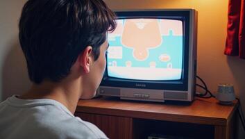 Watercolor scene featuring vintage CRT TV and sentimental viewer photo