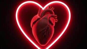 Glowing Red Neon Heart Shape encompassing a broken crackridden human heart representing heartbreak or pain in a 3D render format photo