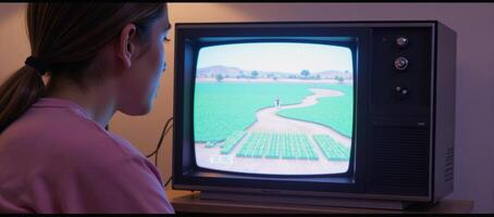 Watercolor scene featuring vintage CRT TV and sentimental viewer photo