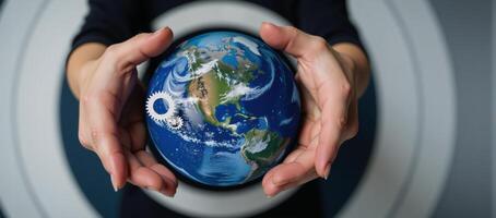 Hands manipulating mechanical parts positioned over Earth as focal point photo