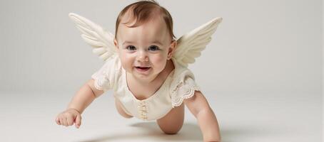 A Victorianstyle baby angel is depicted as if floating serenely against an empty backdrop photo