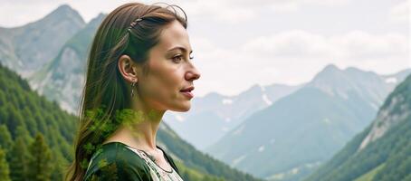 Woman in a doubleexposure portrait set against a verdant forest mountain landscape designed using environmental elements photo