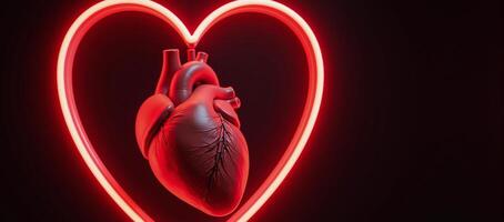 Glowing Red Neon Heart Shape encompassing a broken crackridden human heart representing heartbreak or pain in a 3D render format photo