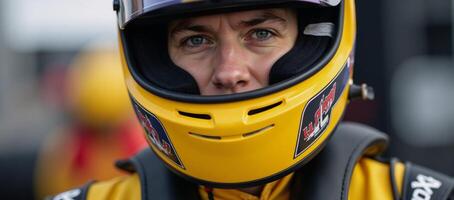 Closeup portrait showcases racing equipment suitedup racer with helmet on ready for action against an isolated background photo
