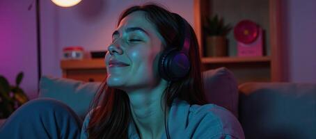 Girl enjoys relaxing with lofi visuals during evening music sessions photo