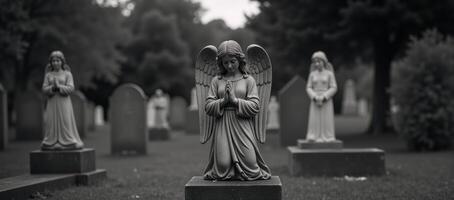 Gravestone with angel statue embodies grief remembrance wings signify prayer hope photo