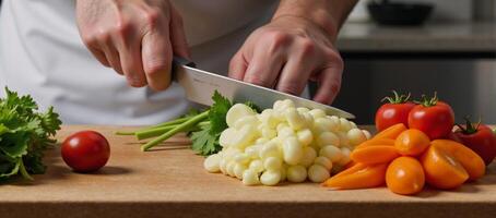 Chef skillfully prepares fresh veggies with precision photo