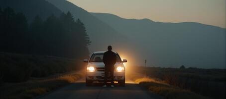 Man backlit by glowing car headlights on abandoned road during foggy night photo