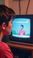 Watercolor scene featuring vintage CRT TV and sentimental viewer photo