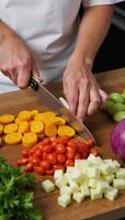 Chef skillfully prepares fresh veggies with precision photo