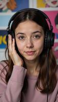 Mangastyle cartoon illustration featuring a beautiful girl enjoying lofi hip hop music on her headphones in a vibrant videobackground setting perfect for use as wallpaper or desktop backdrop 169 photo