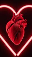 Glowing Red Neon Heart Shape encompassing a broken crackridden human heart representing heartbreak or pain in a 3D render format photo