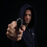 Attacker brandishing weapon gun targets individual donning black mask and hoodie in threatening scenario photo
