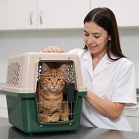 Veterinarian assisting cat in carrier photo