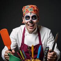 A sugar skull chef wearing bandana and kitchen utensils photo
