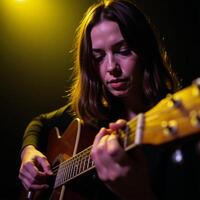 Woman playing guitar at dimly lit bar with warm ambiance photo