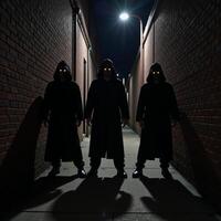 Three ominous figures with glowing yellow eyes loom in a shadowy alley photo