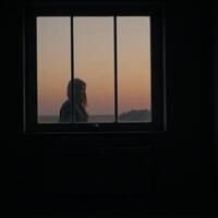 A dimly lit space featuring a large window photo